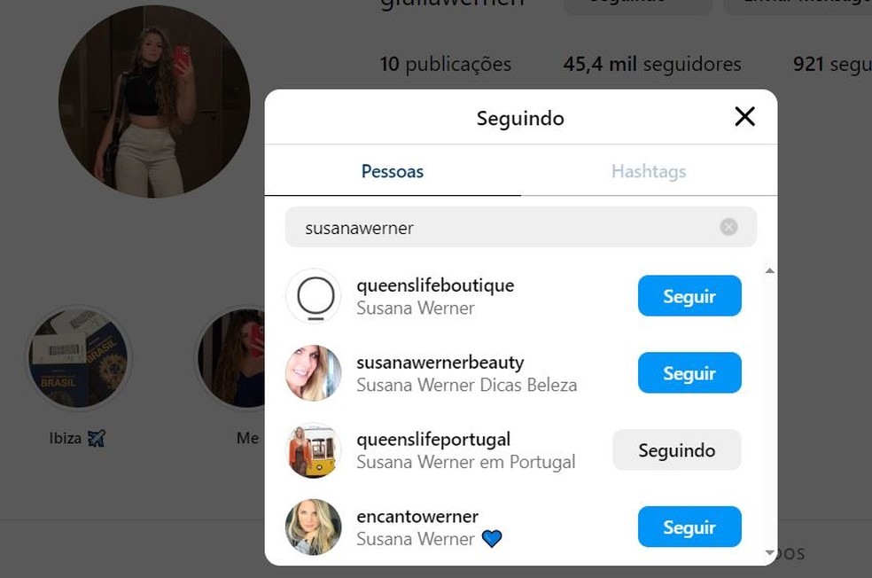 Giulia Werner não segue mais o perfil da mãe no Instagram — Foto: reprodução/ instagram