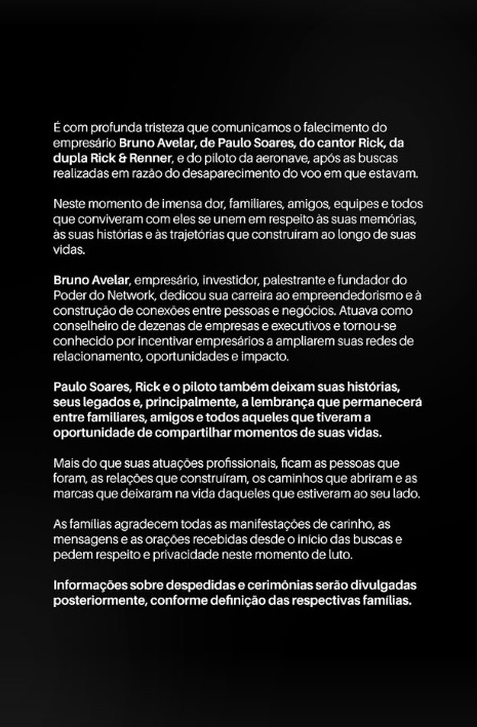Comunicado da família de Bruno Avelar — Foto: Reprodução