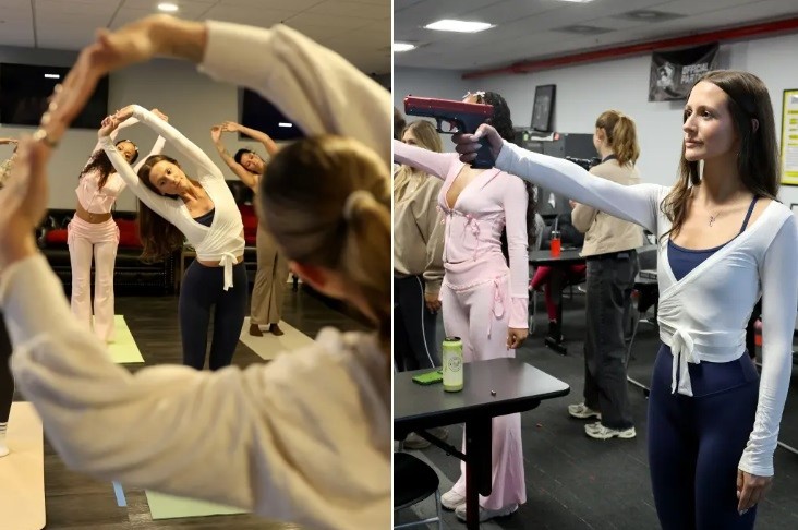 Aula em clube nos EUA mistura alongamento do pilates e prática de tiros