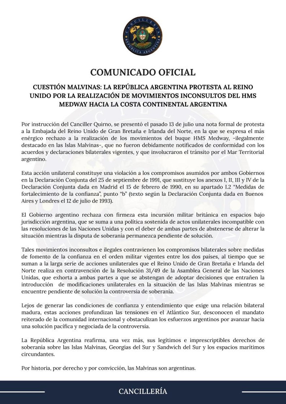 Comunicado oficial da chancelaria argentina — Foto: Divulgação