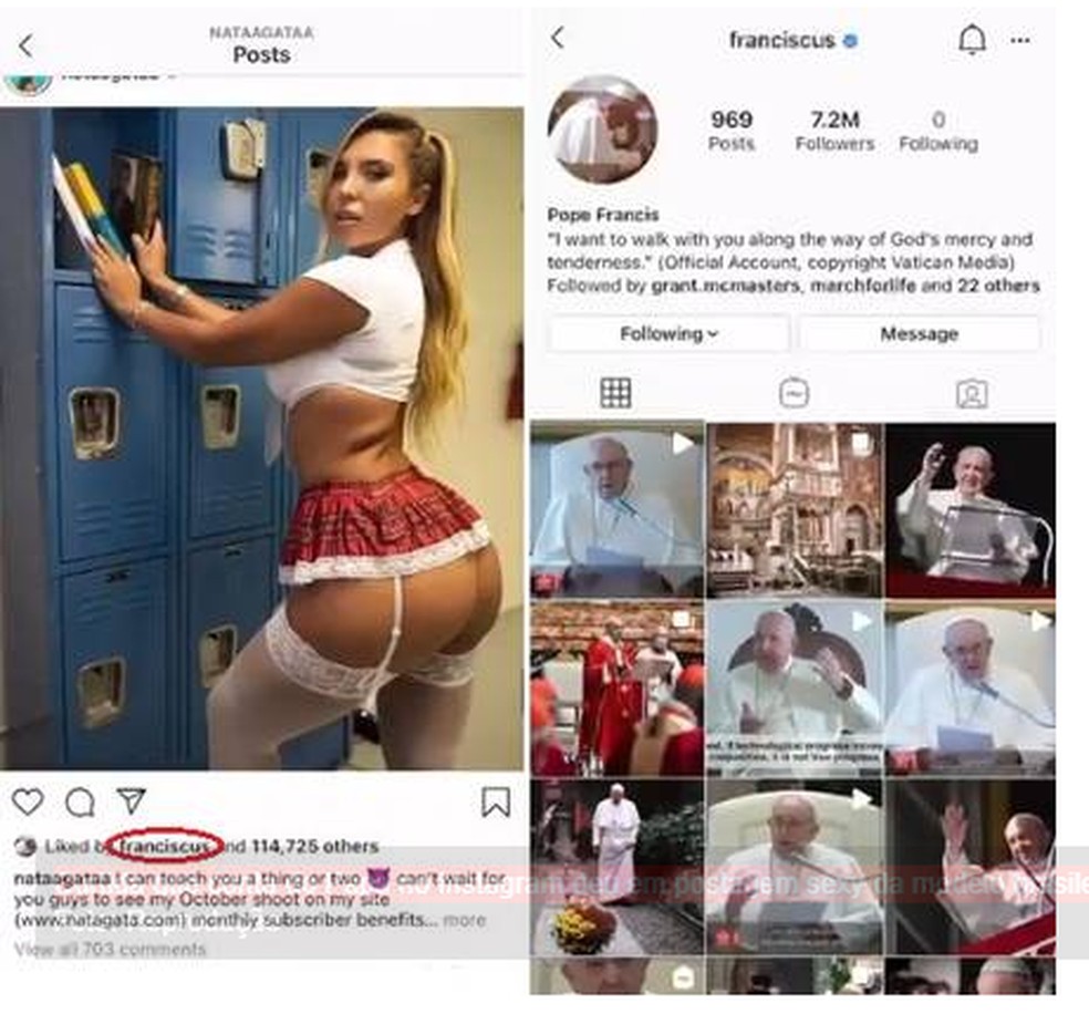 Curtida que conta do Papa no Instagram deu em postagem sexy da modelo brasileira Natalia Garibotto — Foto: Reprodução/Instagram