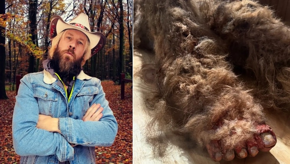 Charles Stuart e 'o cadáver de Pé-Grande' encontrado em Nova York — Foto: Reprodução/Facebook(Bigfoots Remains)