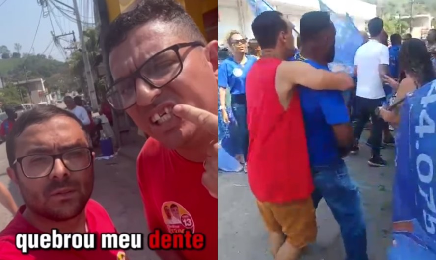 Bygu, candidato do PT, e Leandro com o dente quebrado; ao lado, momento da confusão
