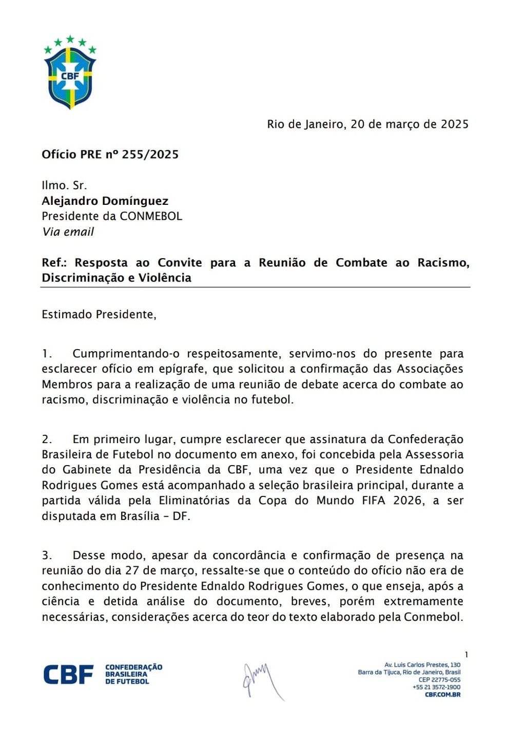 CBF repudia carta que Ednaldo Rodrigues assinou, em conjunto com Conmebol — Foto: Reprodução