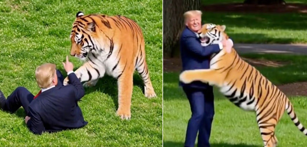 Trump posta vídeo feito por IA em que ele aparece lutando e abraçando tigre