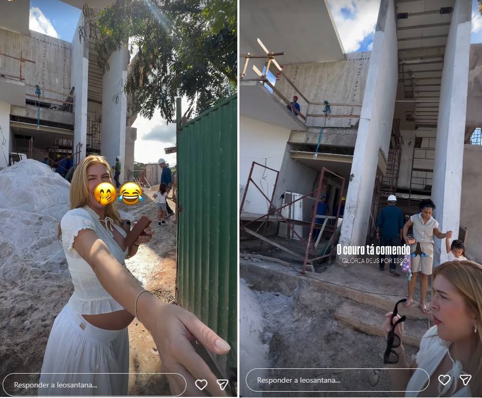 Léo Santana e Lore Improta em nova visita à mansão que estão construindo — Foto: Reprodução/Instagram