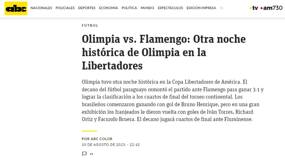 Eliminação do Flamengo repercute no Paraguai — Foto: Reprodução/ABC