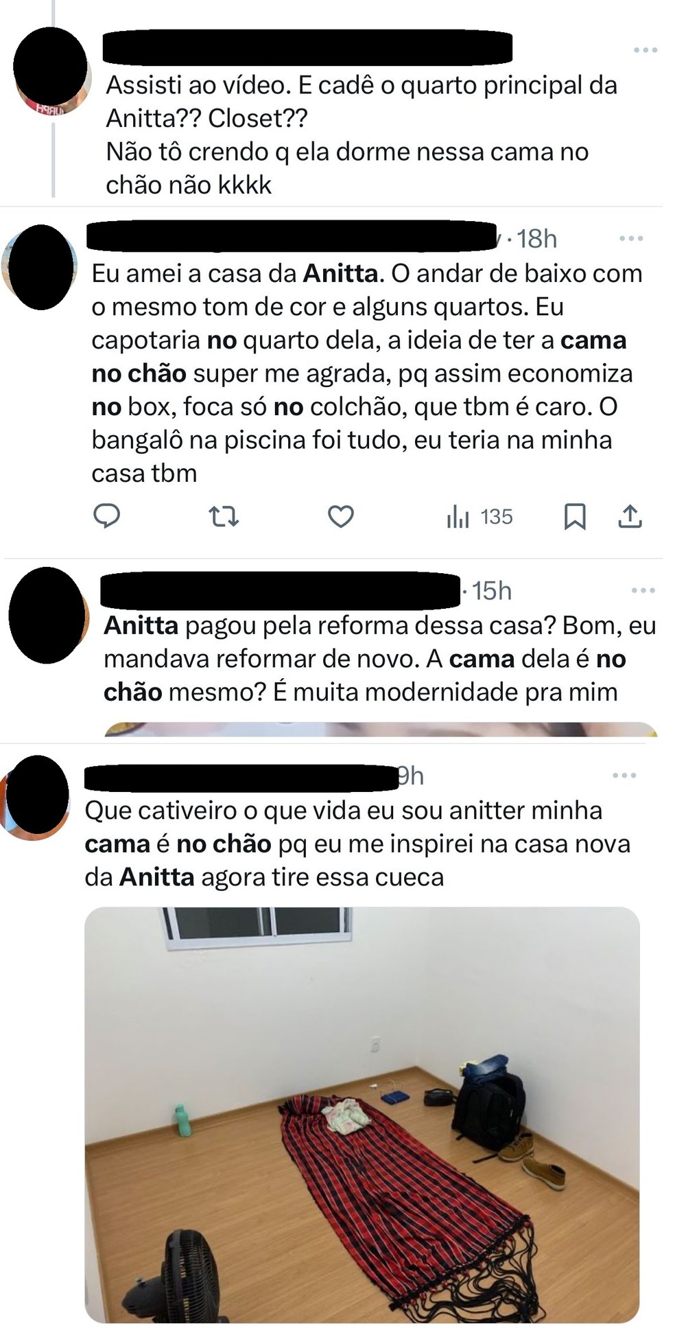 Internauatas repercutem colchão no chão na nova mansão de Anitta: 'Não estou acreditando que ela dorme aí' — Foto: Reprodução X