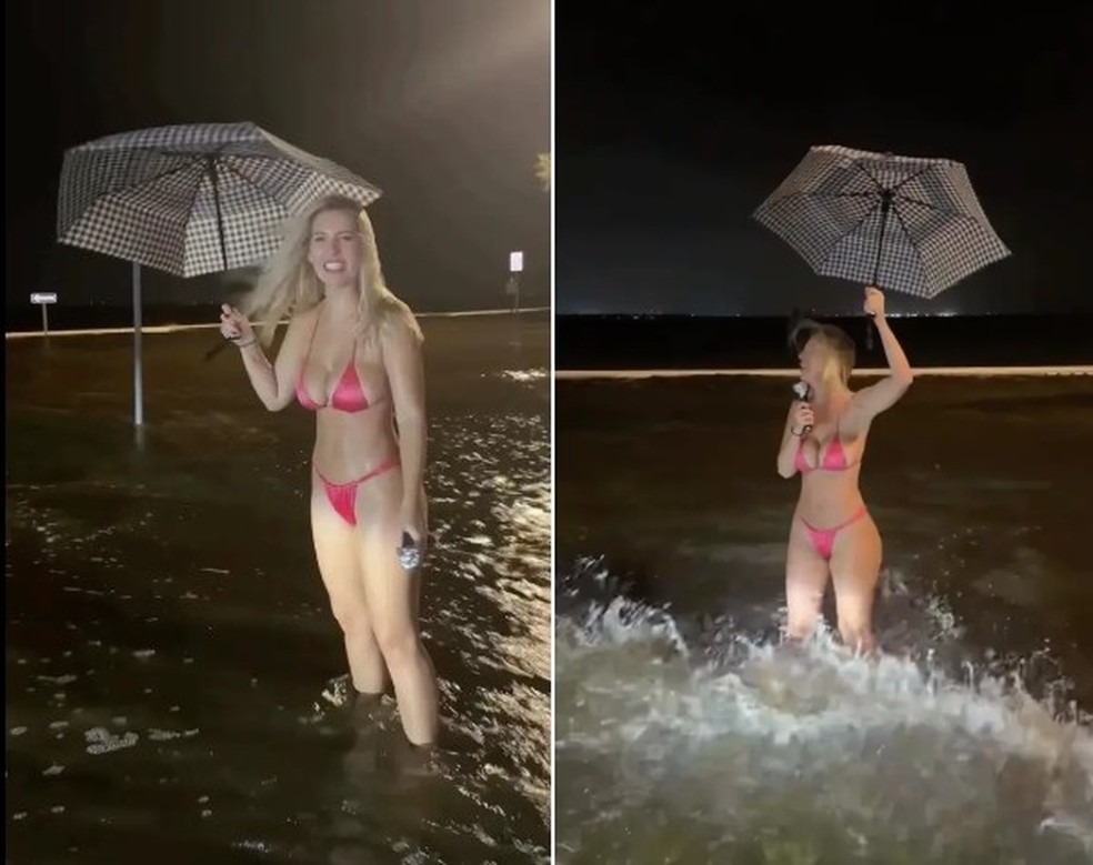 Modelo Skyler Simpson provoca fria ao fazer vdeo de biquni durante a passagem do furaco Helene  Foto: Reproduo