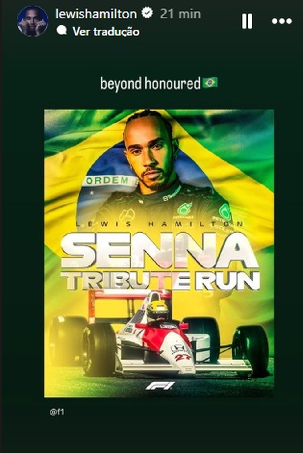 Lewis Hamilton celebra escolha para dirigir carro de Ayrton Senna: 'Mais que honrado' — Foto: Reprodução/Instagram