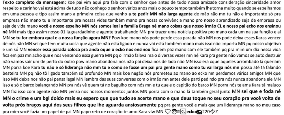 Texto transcrito em investigação da polícia — Foto: Reprodução