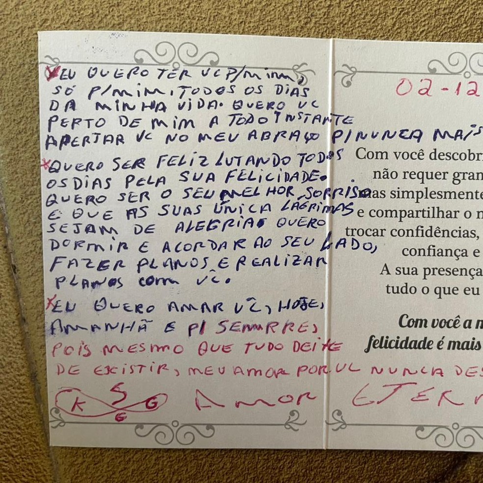Carta de Clodoaldo, conhecido por Gustavo, à Karen. — Foto: Reprodução / Arquivo Pessoal