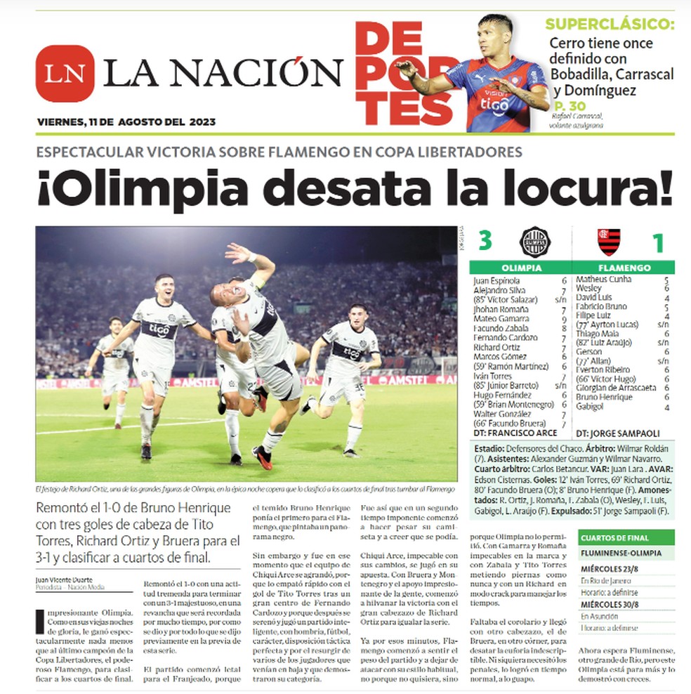 Jornal La Nacion repercute virada do Olímpia sobre o Flamengo — Foto: Reprodução/La Nacion