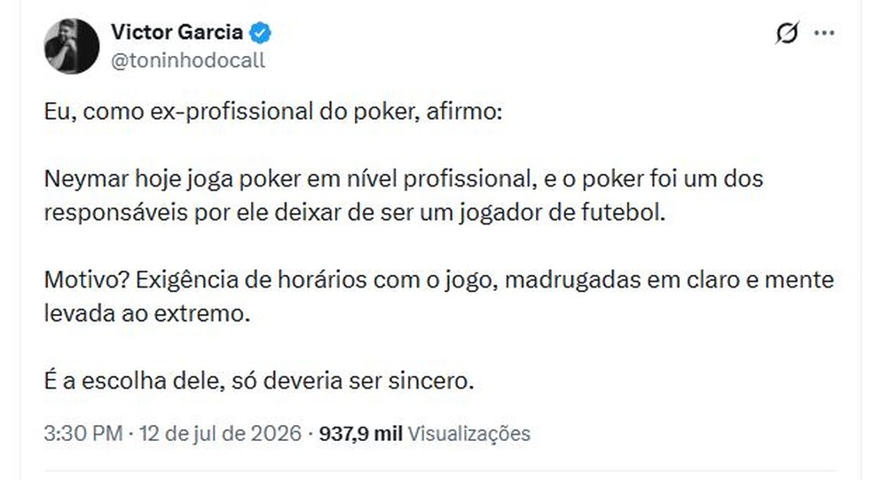 Campeão de pôquer fala sobre Neymar — Foto: reprodução/ X