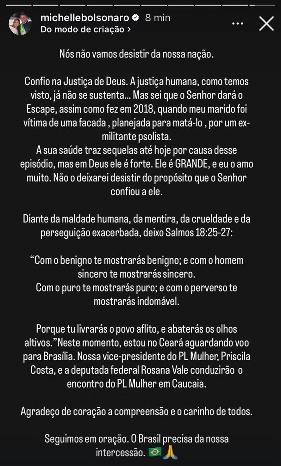 Michelle Bolsonaro publica mensagem nos stories e diz confiar na "Justiça de Deus" após prisão de Bolosnaro — Foto: Reprodução/Redes Sociais