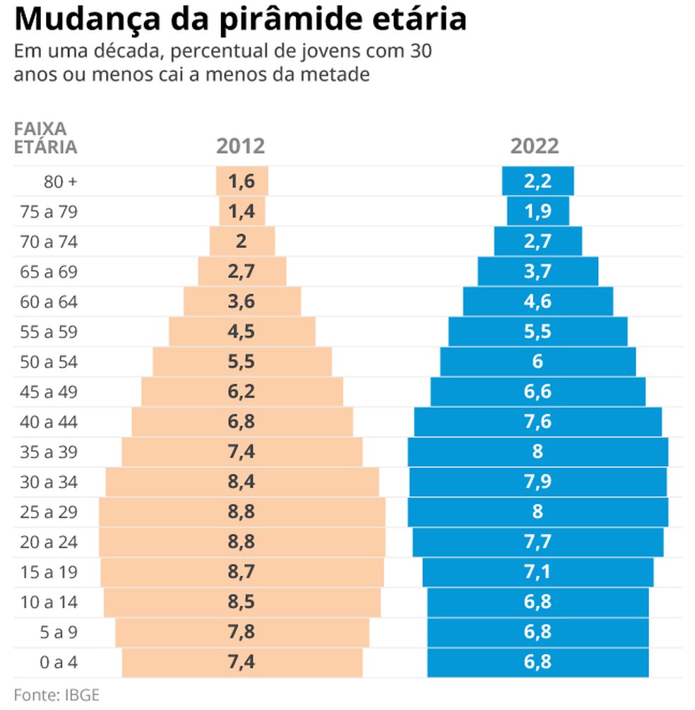 Percentual de jovens brasileiros com 30 anos ou menos cai a menos da metade em uma década — Foto: Editoria de Arte
