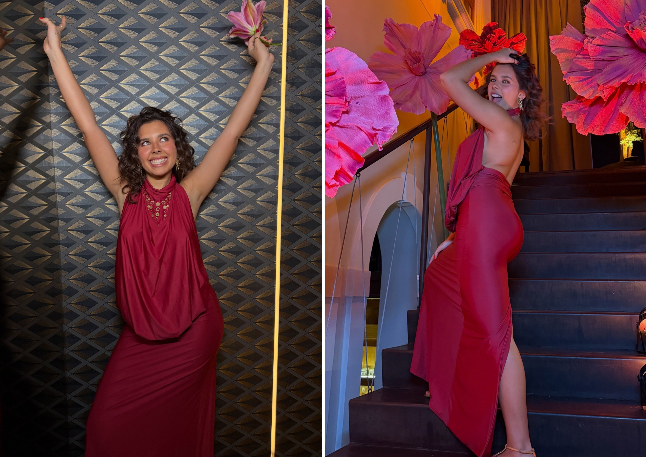 Flor Gil aposta em vestido vermelho com decote nas costas para celebrar aniversário: 'Fiz 18'