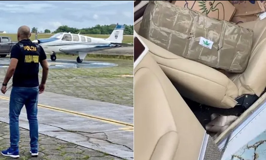O avião onde a droga foi apreendida e a droga encontrada na aeronave, sobre o estofado