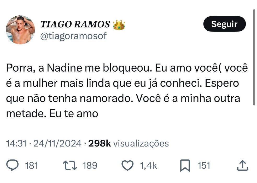Tiago Ramos pede nova chance a mãe de Neymar — Foto: Instagram