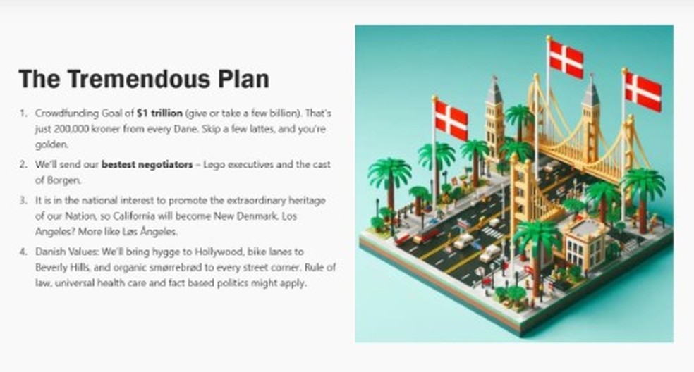 Campanha dinamarquesa pela compra da Califórnia — Foto: Reprodução