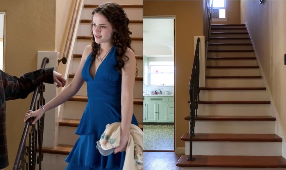 Cena do filme 'Crepúsculo' e foto da casa disponível para aluguel — Foto: Reprodução