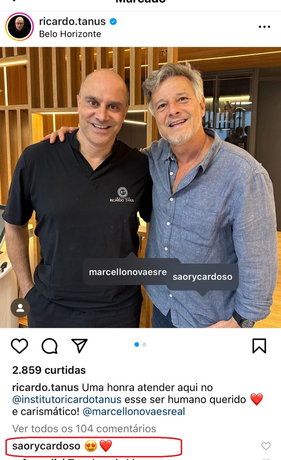 Dentista de Belo Horizonte postou foto com Marcello Novaes e marcou a namorada dele — Foto: Instagram