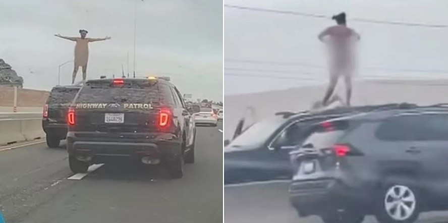 Indignada com perseguição policial em rodovia, motorista para, sobre no teto de SUV e fica nua