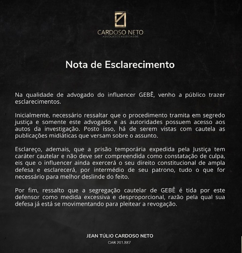 Defesa de influenciador Geb&ecirc; emite nota &mdash; Foto: Reprodu&ccedil;&atilde;o/Instagram