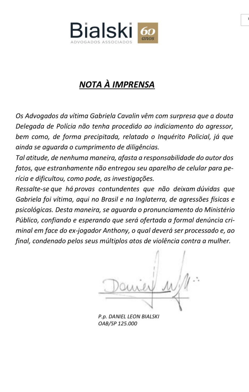 Nota dos advogados de Gabi Cavallin &mdash; Foto: Reprodu&ccedil;&atilde;o/Instagram