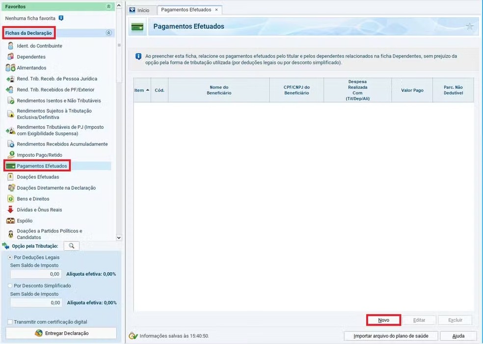 Primeira tela para declarar os gastos com sa&uacute;de &mdash; Foto: Reprodu&ccedil;&atilde;o