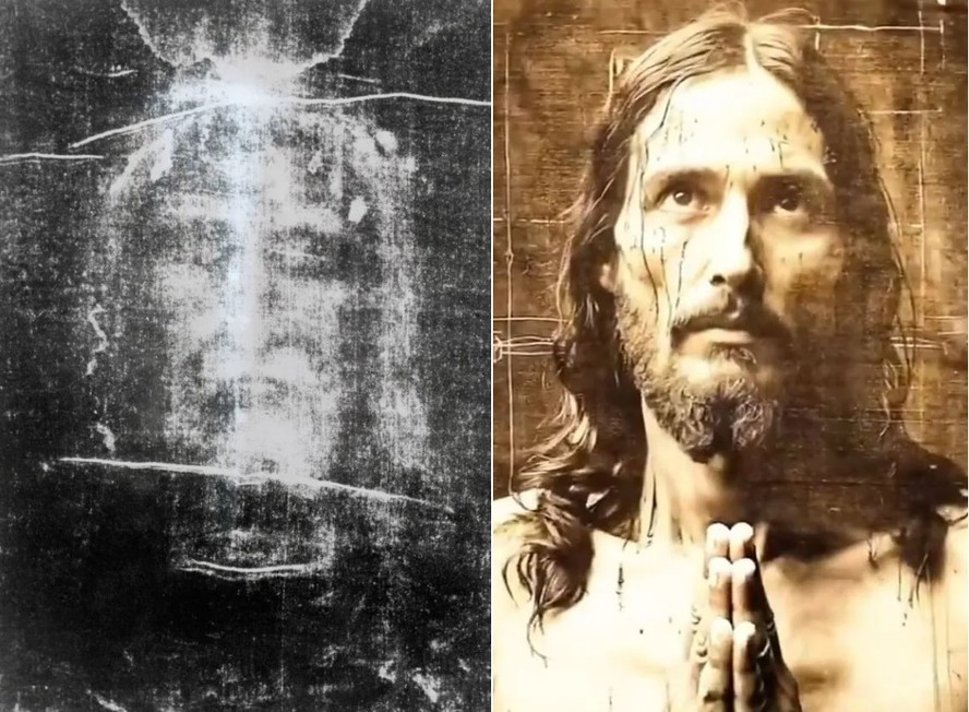 O Santo Sudário (à esquerda) serviu de base para a reconstrução 'realista' do rosto de Jesus