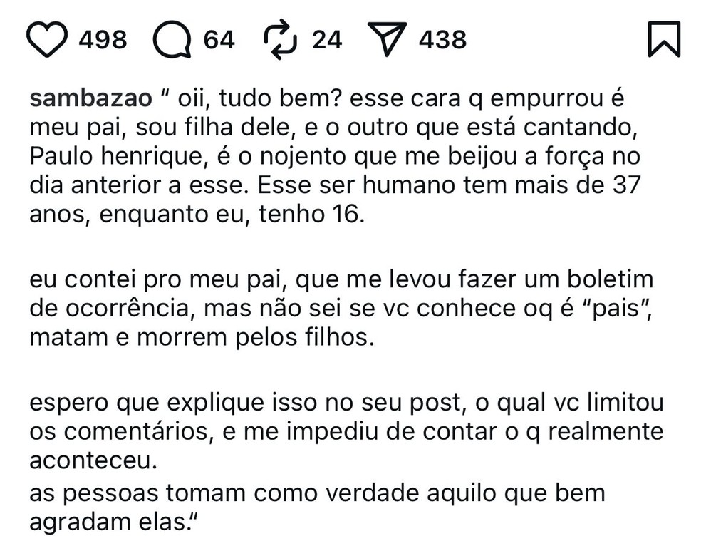 Jovem acusa cantor de assédio — Foto: Instagram