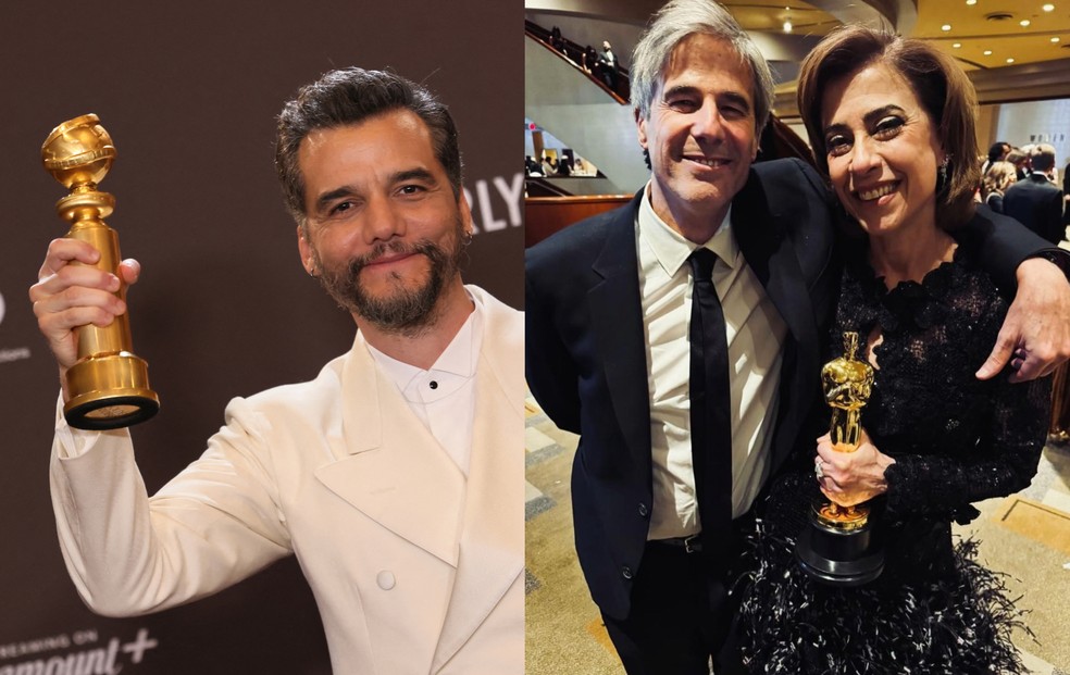 Wagner Moura venceu o Globo de Ouro de "melhor ator" com "O Agente Secreto"; Walter Salles e Fernanda Torres exibem Oscar de "melhor filme internacional" — Foto: Etienne Laurent / AFP e Reprodução/Redes Sociais