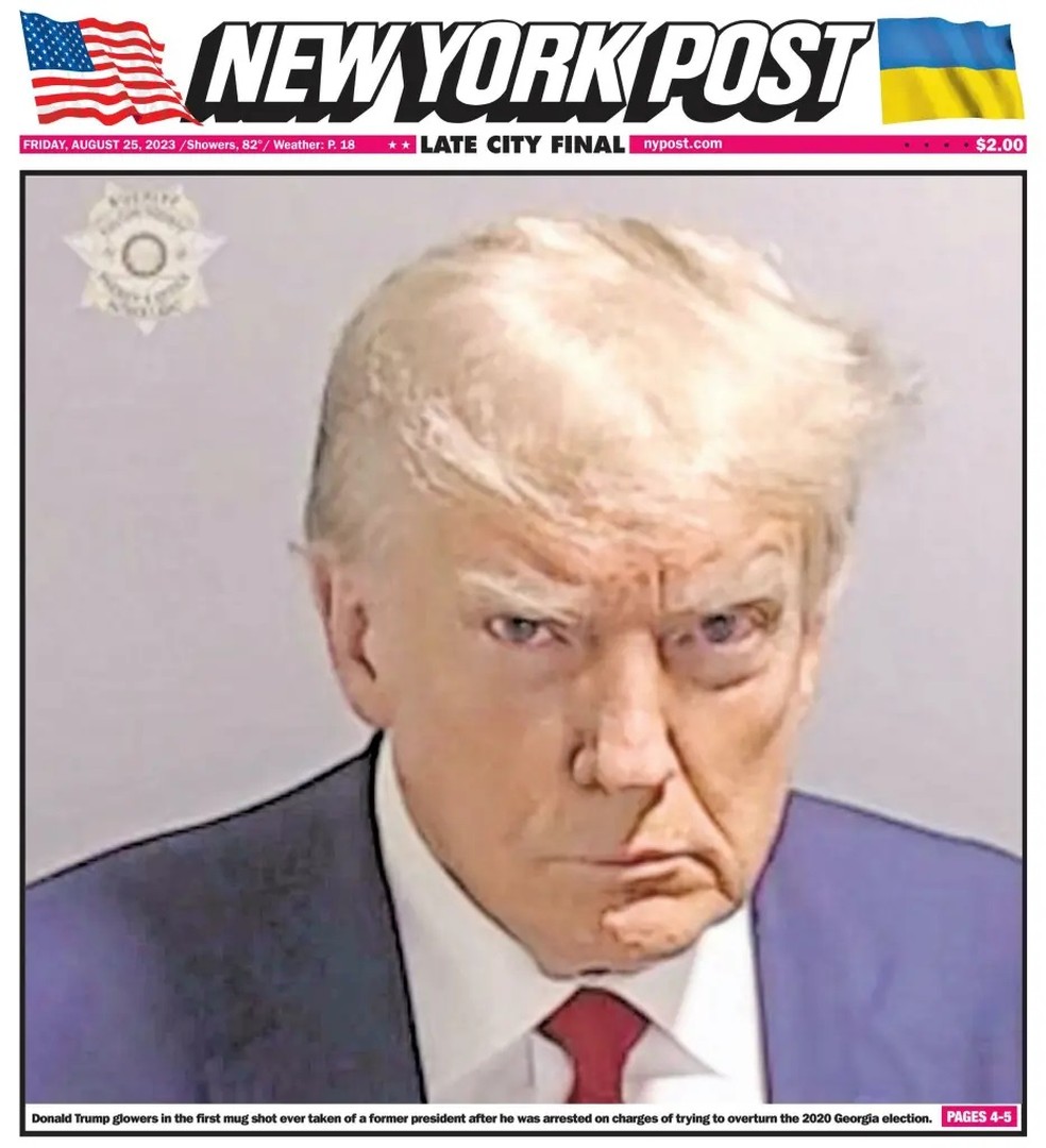 Capa do 'NY Post' com foto do fichamento de Trump em 2023 &mdash; Foto: Reprodu&ccedil;&atilde;o