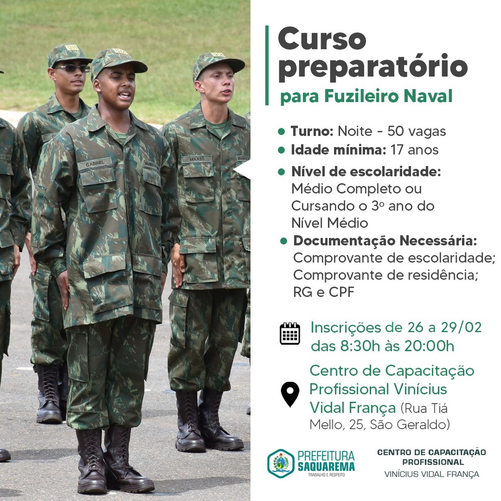 Divulga&ccedil;&atilde;o por Saquarema do curso preparat&oacute;rio para fuzileiro naval &mdash; Foto: Reprodu&ccedil;&atilde;o / Prefeitura de Saquarema
