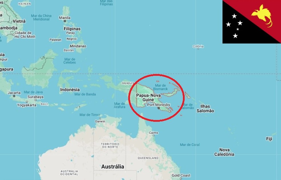 Papua-Nova Guin&eacute; &eacute; um pa&iacute;s situado na Oceania &mdash; Foto: Reprodu&ccedil;&atilde;o/Google Maps