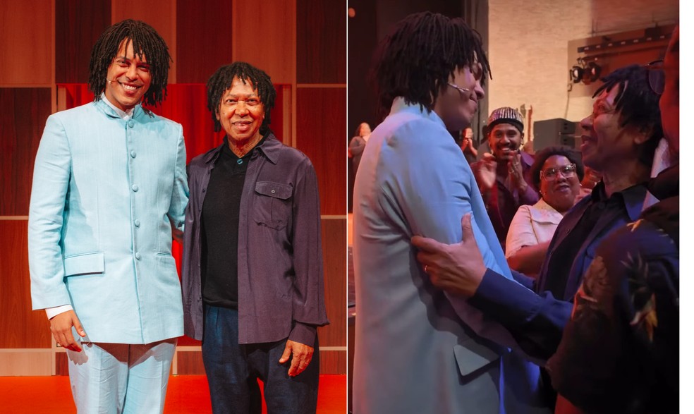 Raphael Elias e Djavan: ator mineiro interpreta o cantor alagoano no musical "Djavan: vidas pra contar" — Foto: Ariel Shall/Divulgação e Reprodução de Instagram