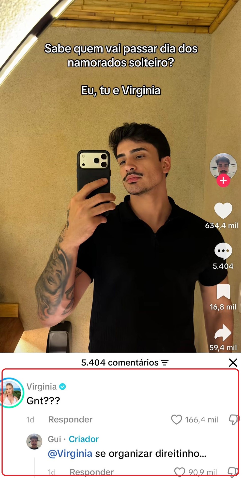 Virginia comenta post de modelo bonitão após término com Vini Jr. — Foto: Reprodução/TikTok