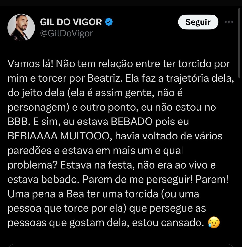 Gil do Vigor rebate comparações com Beatriz, do 'BBB 24' - Foto: Reprodução/X
