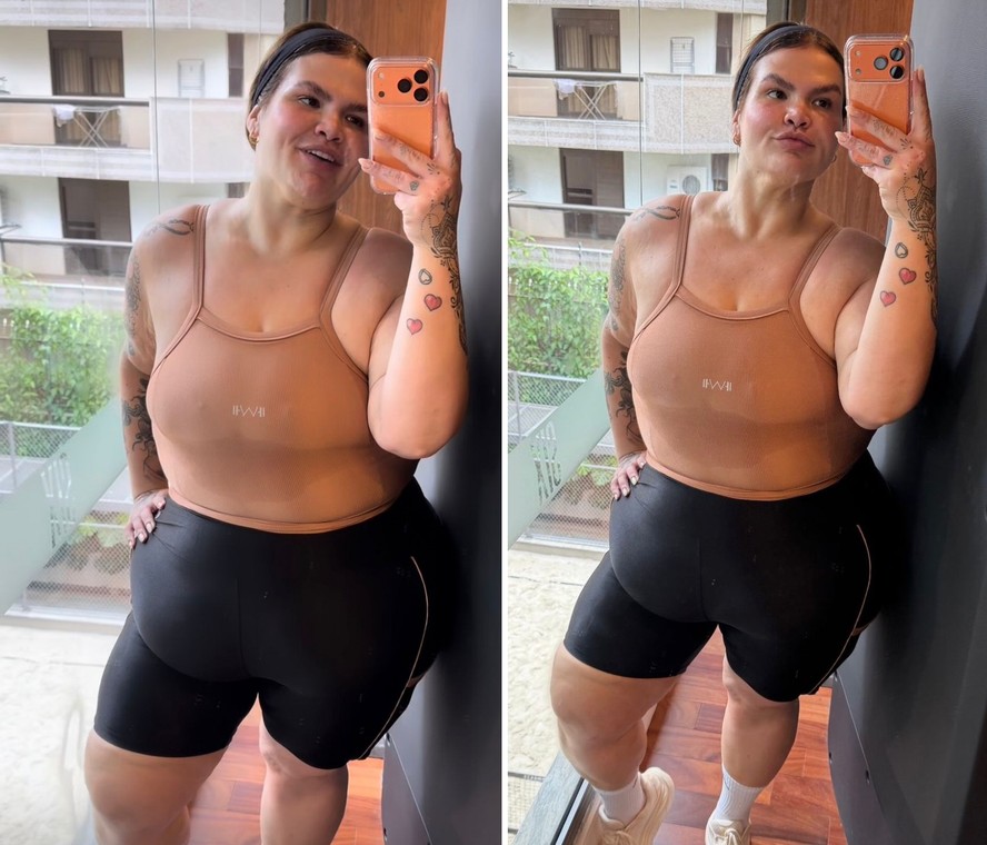 Com menos 72kg, Thais Carla celebra 'trapézio', sete meses após bariátrica