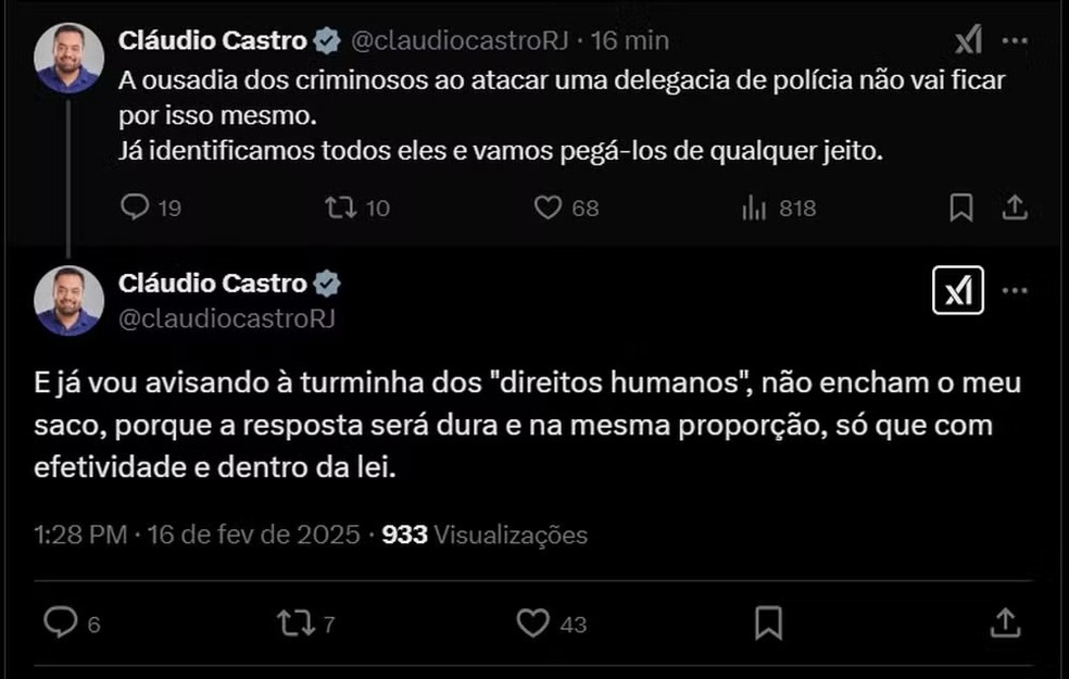 Publicação de Cláudio Castro no X destaca resposta dura ao ataque de criminosos à delegacia — Foto: Reprodução