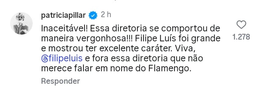 A atriz Patricia Pillar critica demissão do técnico Felipe Luiz — Foto: Reprodução/ Instagram