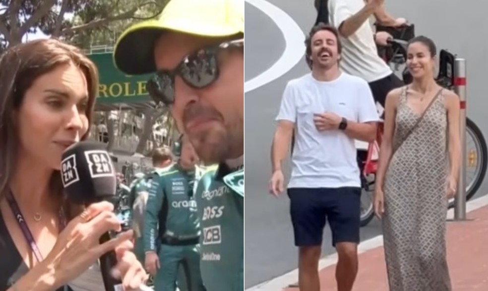 O piloto Fernando Alonso com a namorada Melissa Jimenez — Foto: Reprodução/Instagram e Reprodução/Youtube
