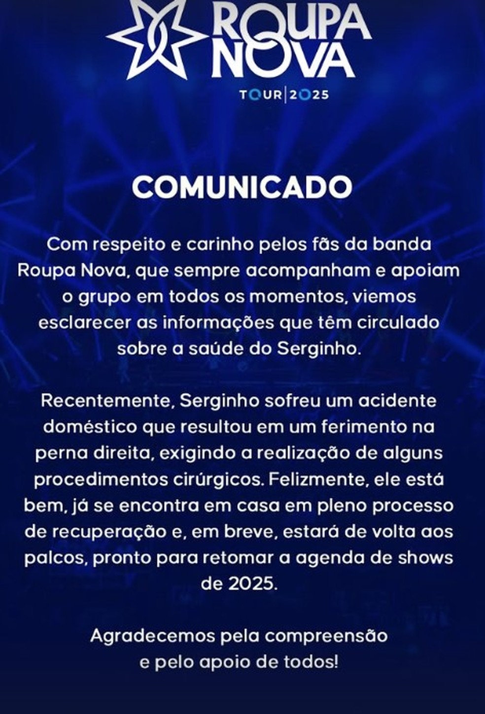 Comunicado do Roupa Nova sobre Serginho Herva — Foto: Reprodução/Instagram