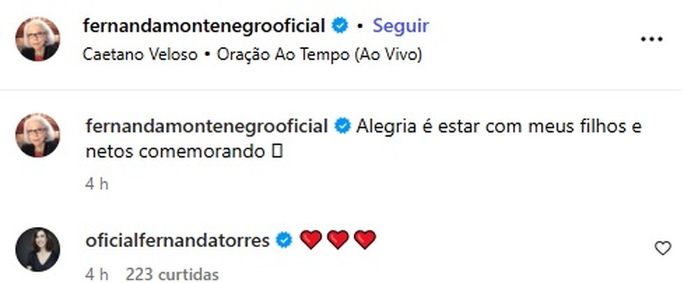 Fernanda Torres deixa mensagem de aniversário para a mãe — Foto: Reprodução/Instagram