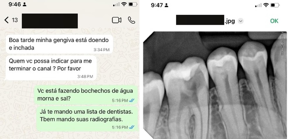 Ana Cristina Amato mostrou ao PAGE NOT FOUND conversa com o paciente e uma radiografia de dentes dele — Foto: Imagens cedidas ao PAGE NOT FOUND