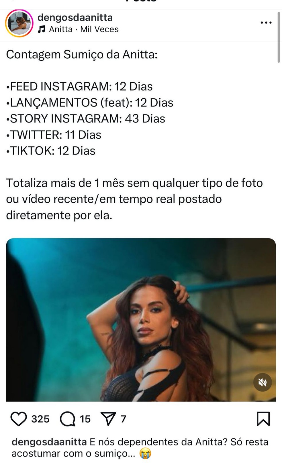 Fãs contabilizam sumiço de Anitta e lamentam: ‘Mais de um mês sem postar’ — Foto: Instagram